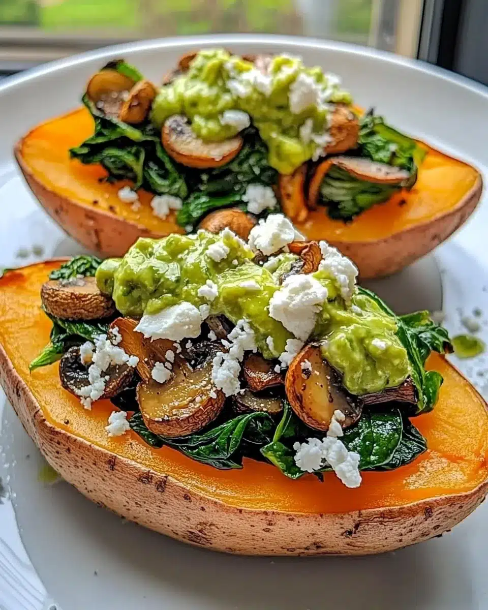 Nutritious & Flavor-Packed Sweet Potato Boats Filled with Spinach, Mushroom & Feta Topped with Creamy Avocado Dressing