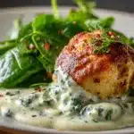 Baked Chicken Ricotta Meatballs with Creamy Spinach Sauce