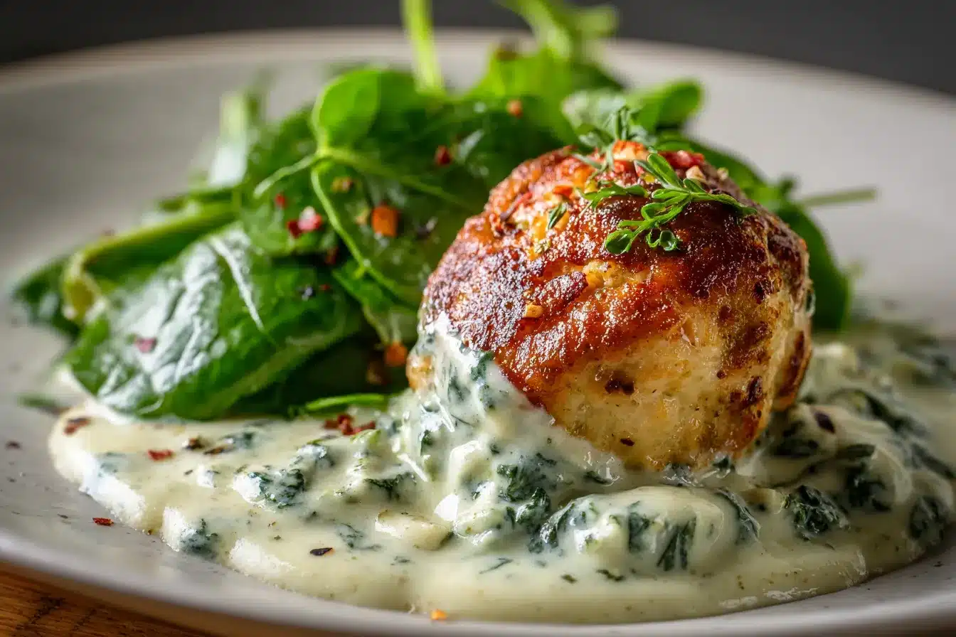 Delicious Baked Chicken Ricotta Meatballs in Creamy Spinach Sauce