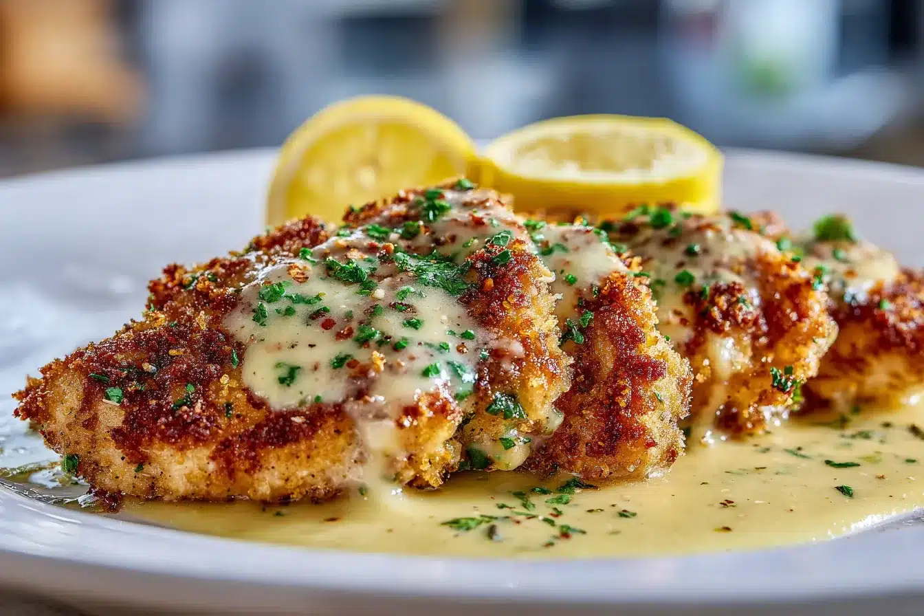 Zesty Lemon Pecorino Crusted Chicken w Creamy Sauce