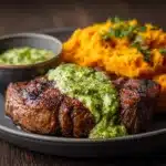 Steak with Green Sauce and Mashed Sweet Potatoes