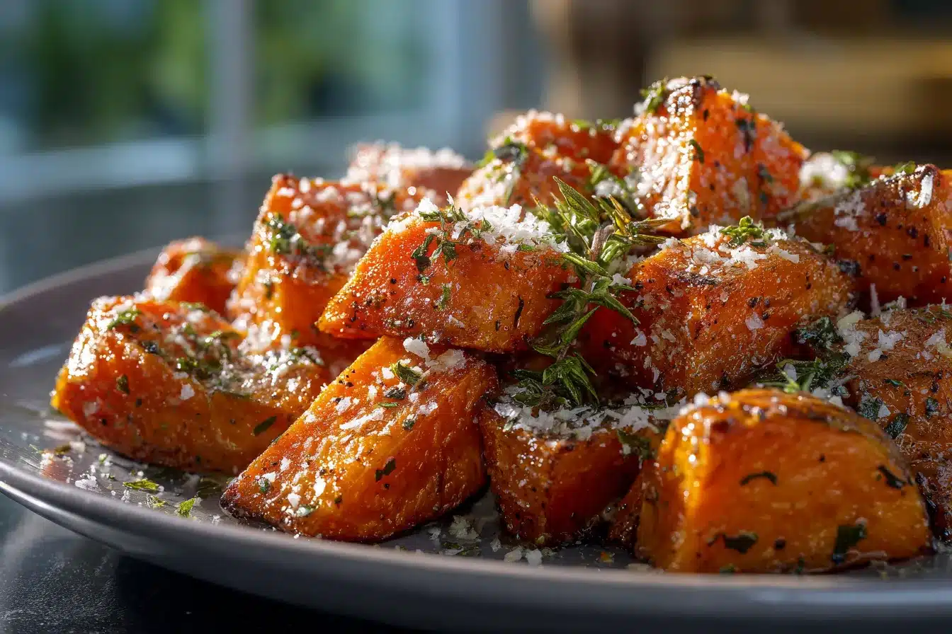 Savory Roasted Sweet Potatoes with Garlic Parmesan Delight