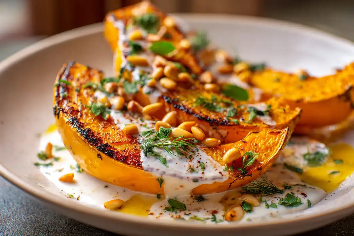 Savory Roasted Pumpkin with Creamy Yogurt Sauce Pine Nuts