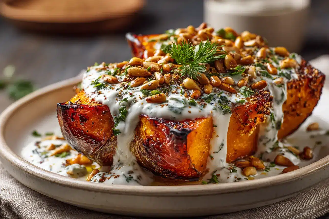 Savory Roasted Pumpkin with Creamy Yogurt Sauce Pine Nuts 1 Roasted Pumpkin with Yogurt upscaled 68d9e94edc22f