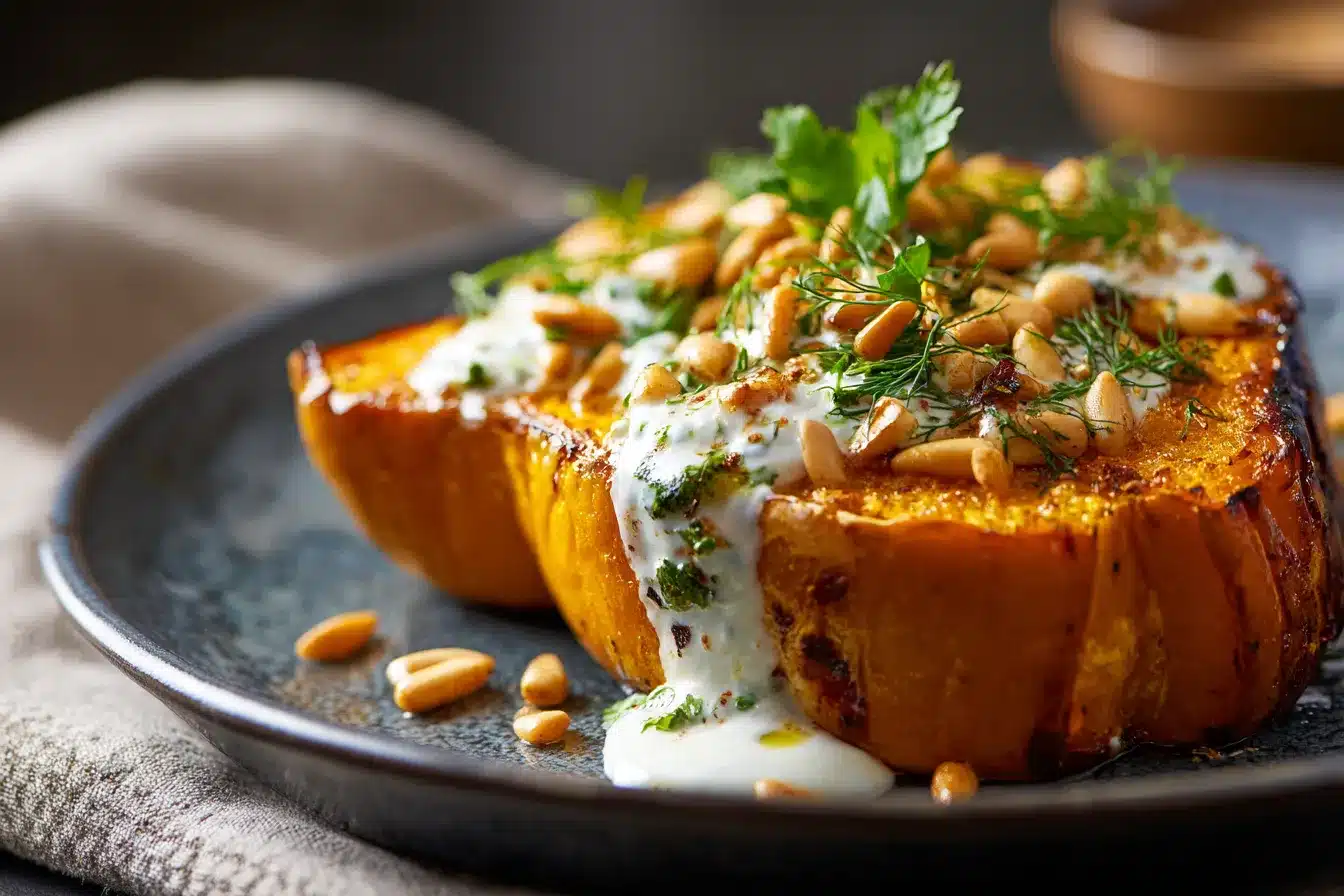 Savory Roasted Pumpkin with Creamy Yogurt Sauce Pine Nuts 3 Roasted Pumpkin with Yogurt upscaled 68d9ea3f77d99