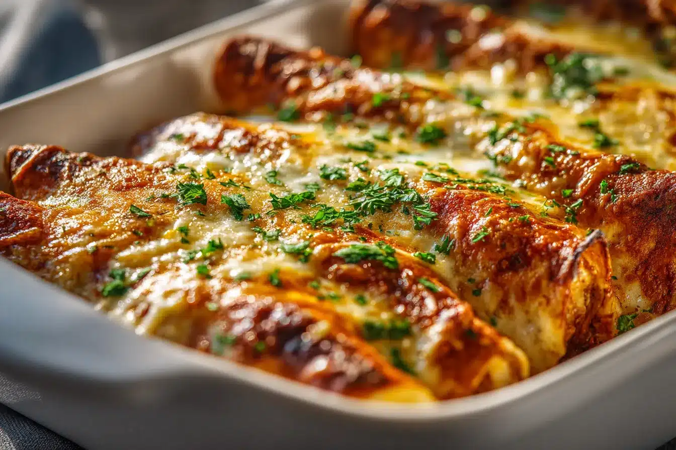 Delicious Shredded Chicken Enchiladas w Cheesy Sour Cream Sauce