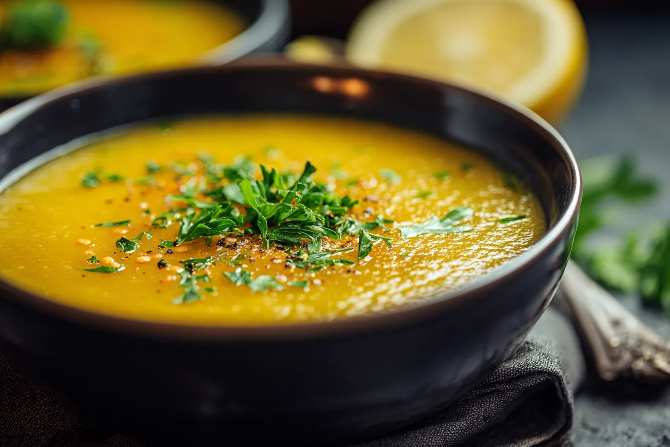 Savory Golden Lemon Lentil Soup Fresh Herbs Turmeric Boost