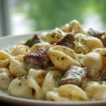 Creamy Steak Bites Pasta Alfredo with Garlic Butter Shells