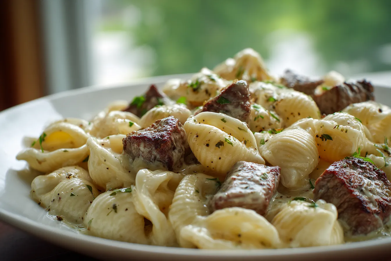 Savory Creamy Steak Bites Pasta Alfredo Garlic Butter Shells