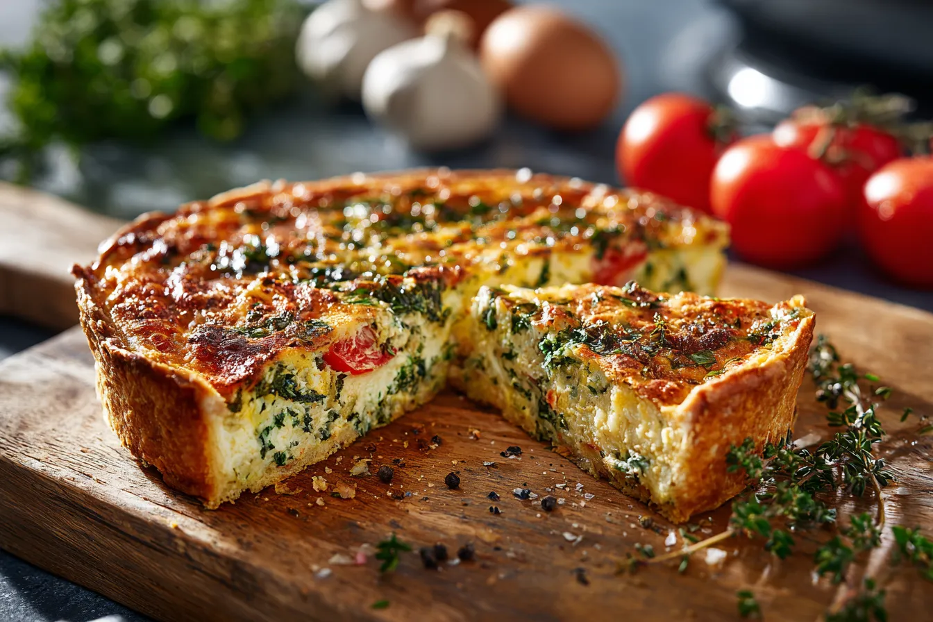 Delicious Savory Baked Breakfast Quiche w Fresh Herbs Cheese