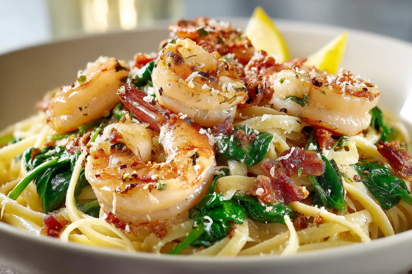 Savory Lemon Garlic Shrimp Pasta w Spinach Easy Delicious