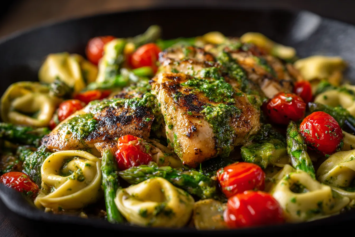 292 one pan pesto chicken tortellini and veggies asparagus tomatoes 1 69795ddcce334