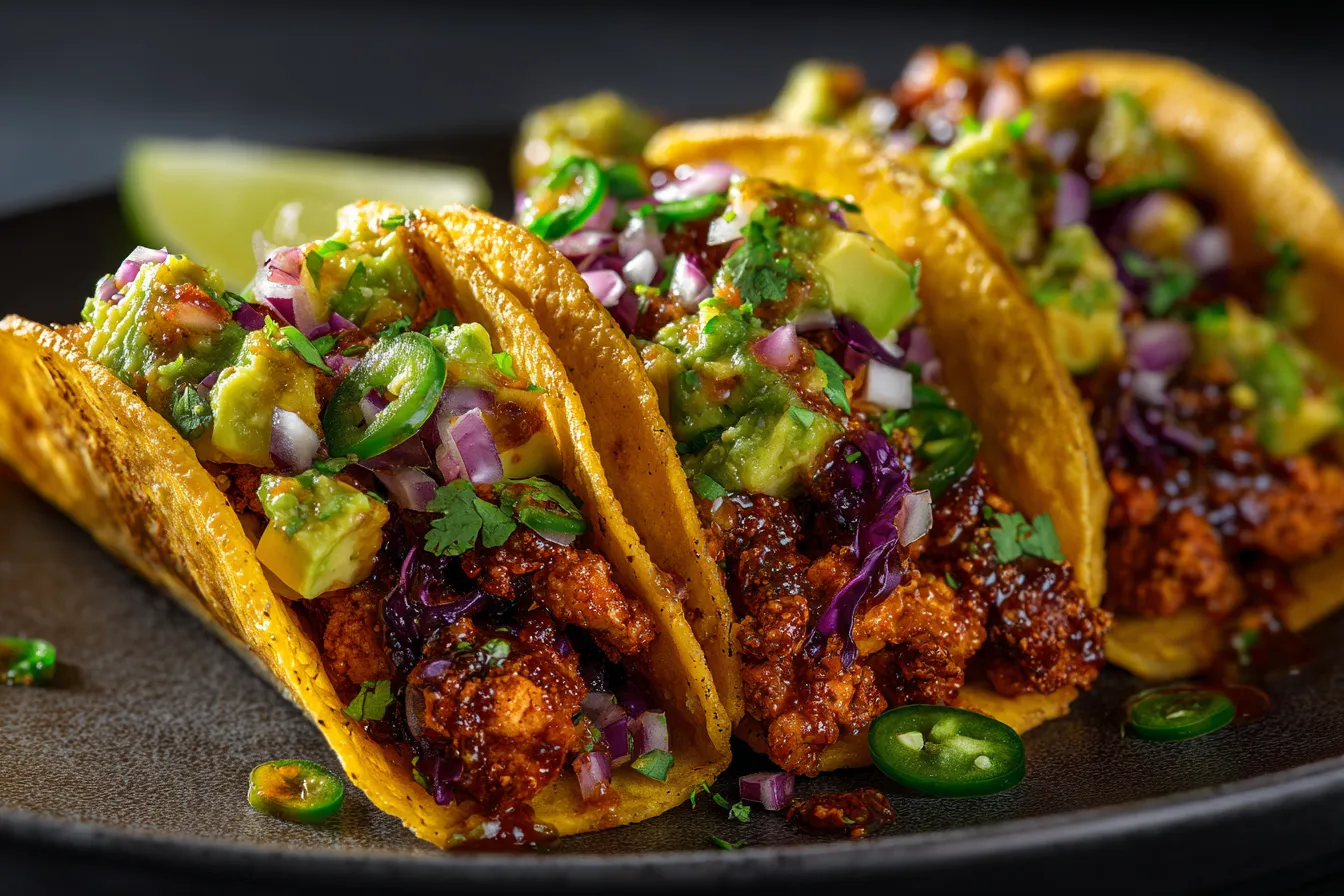 Savory Crunchy Chicken Tacos w/ Poblano & Avocado Salsa!