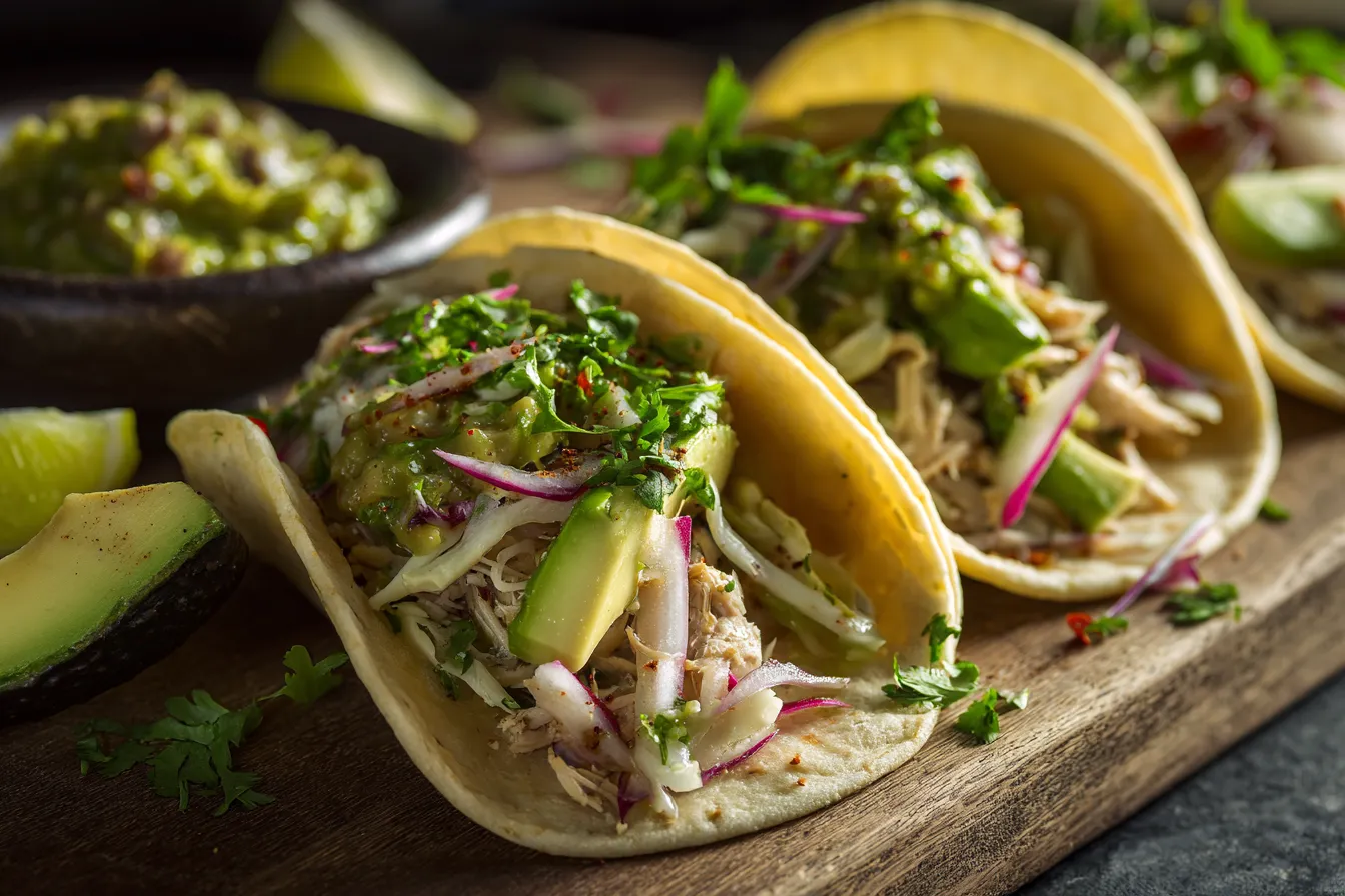 Savory Crunchy Chicken Tacos w/ Poblano & Avocado Salsa