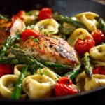One-Pan Pesto Chicken, Tortellini, and Veggies, Asparagus, Tomatoes