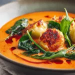 Creamy Red Curry Soup with Dumplings & Greens