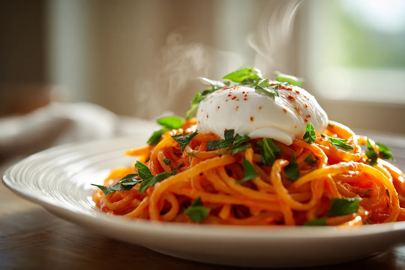 Delicious Creamy Red Pepper Pasta w/ Burrata & Herbs Recipe