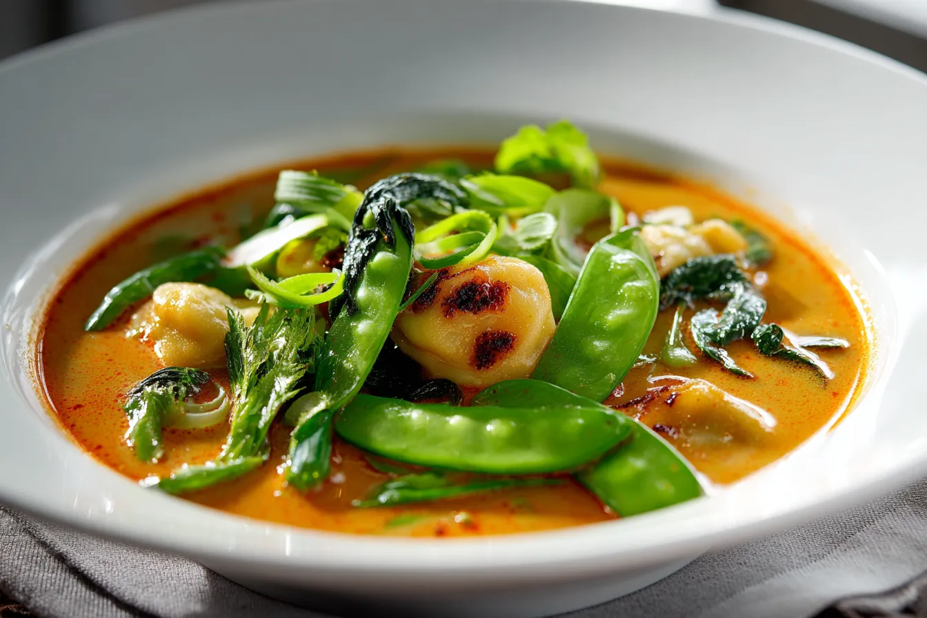 Savory One-Pot Red Curry Soup with Greens & Mini Dumplings