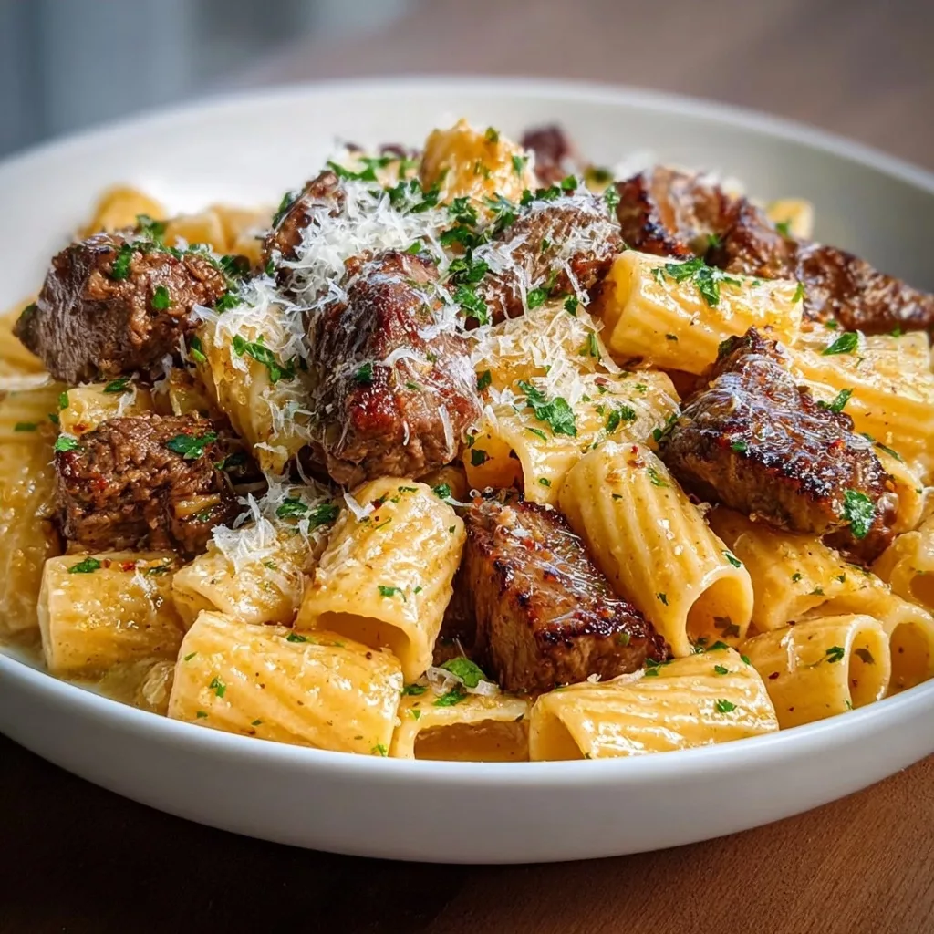 Cajun Steak Tips in Cheesy Rigatoni Parmesan Sauce